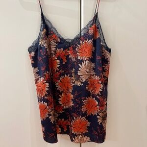 Floral satin cami camisole with navy blue lace Little Moon  XS